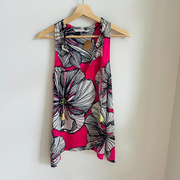 $178 Trina Turk Silk Blend Floral Pink Navy Sleeveless Tank Top Semi Sheer - Picture 1 of 7